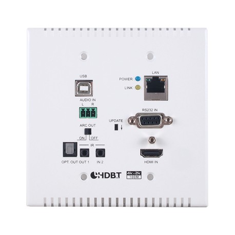 HDMI/USB over CAT5e/6 /7 Wallplate Transmitter with 48V PoH, LAN Serving, and Bi-directional Optical Audio Return