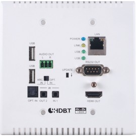 HDMI/USB over CAT5e/6 /7 Wallplate Receiver with 48V PoH, LAN Serving, and Bi-directional Optical Audio Return