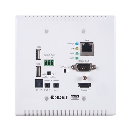 HDMI/USB over CAT5e/6 /7 Wallplate Receiver with 48V PoH, LAN Serving, and Bi-directional Optical Audio Return